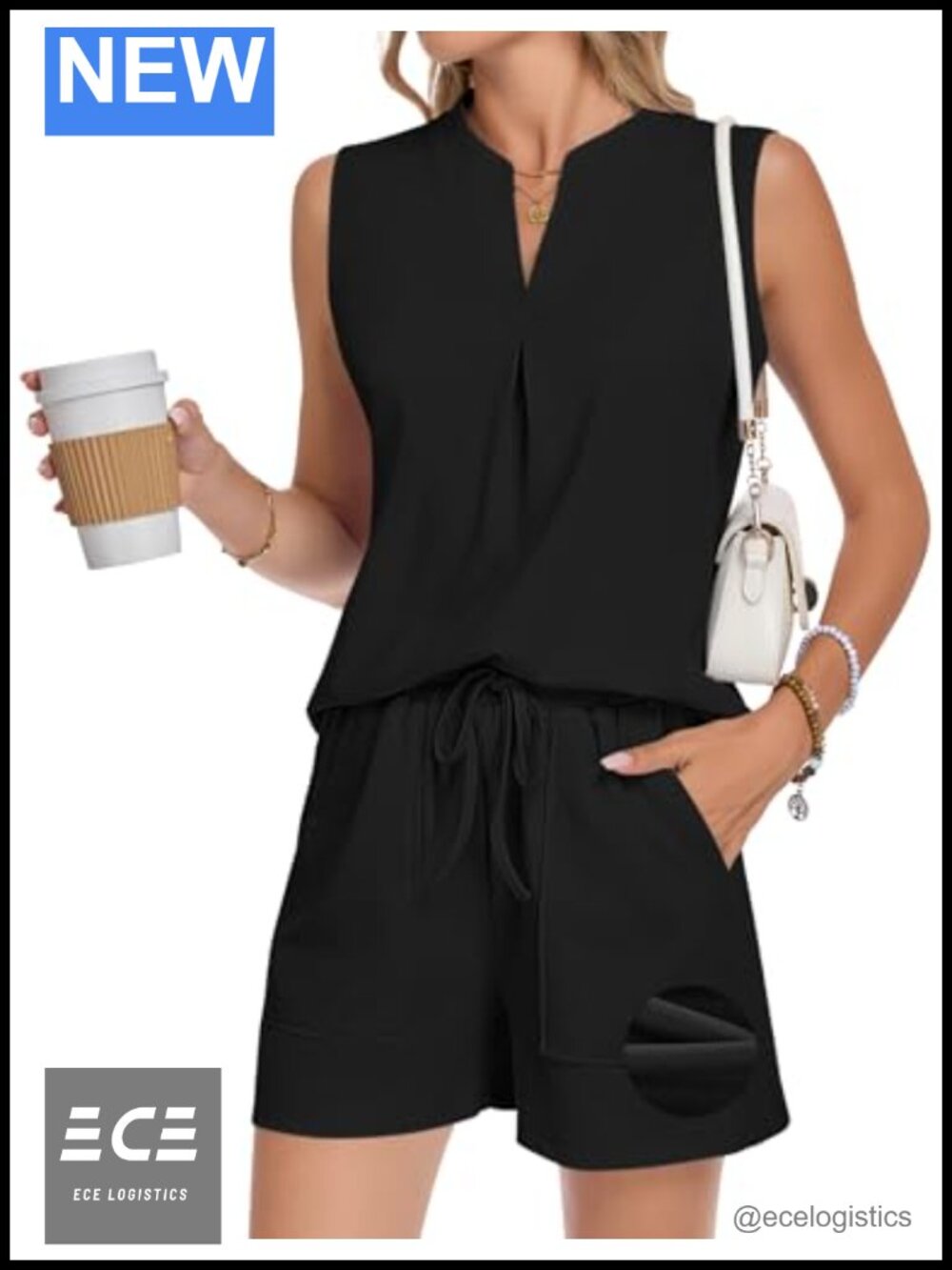 Waffle Knit Two Piece Short Set Sleeveless V Neck Drawstring